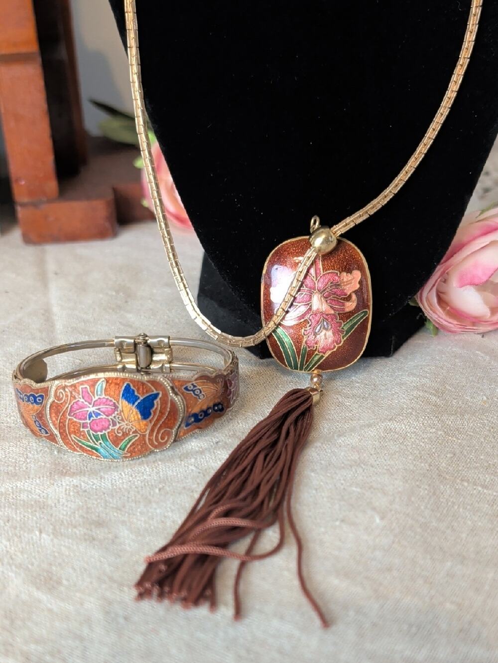 Vintage Cloisonné Style Orchid Tassel Necklace With Hinge Cuff Bracelet